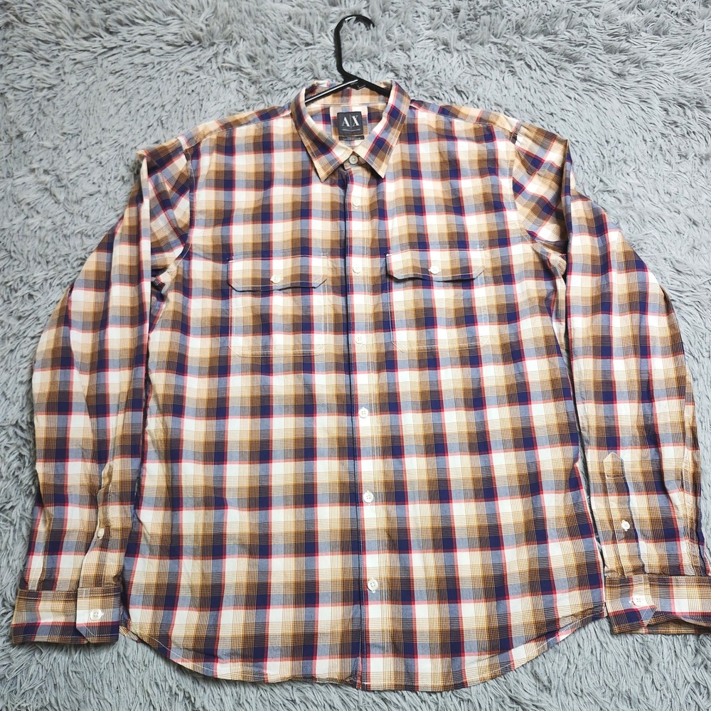 AX Armani Exchange Mens Shirt XL Plaid Long Sleeve Button Cotton Fitted‎ Casual